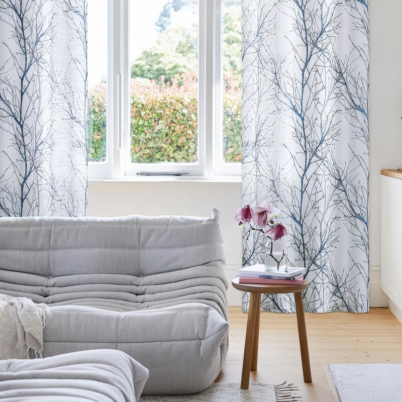 FMFUNCTEX Linen Semi Sheer Curtains for Bedroom, Blue White Curtains 54 Inches Long for Living Room, Grey Tree Branch Patterned Curtain Light Filtering Kitchen Window Drapes, Grommet Top 2 Panels - Image 5